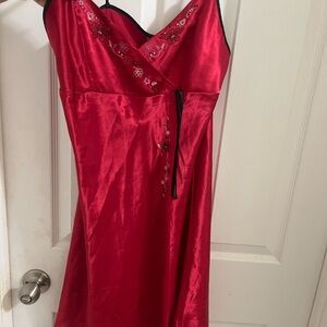 Vintage Y2K Elegant Red Satin Dress with Floral Embroidery